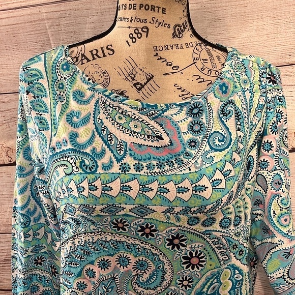 Talbots “The Perfect Tee” Top Paisley 3/4 Sleeves Size LP Large Petite Blue - Picture 2 of 9